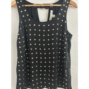 Michael Kors Womens Black Sleeveless Top Blouse Gold Studs Black Buckle Detail S